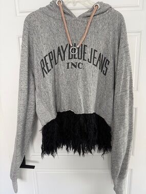 Replay Gray Logo Hoodie with Rose Gold Drawcord Accents